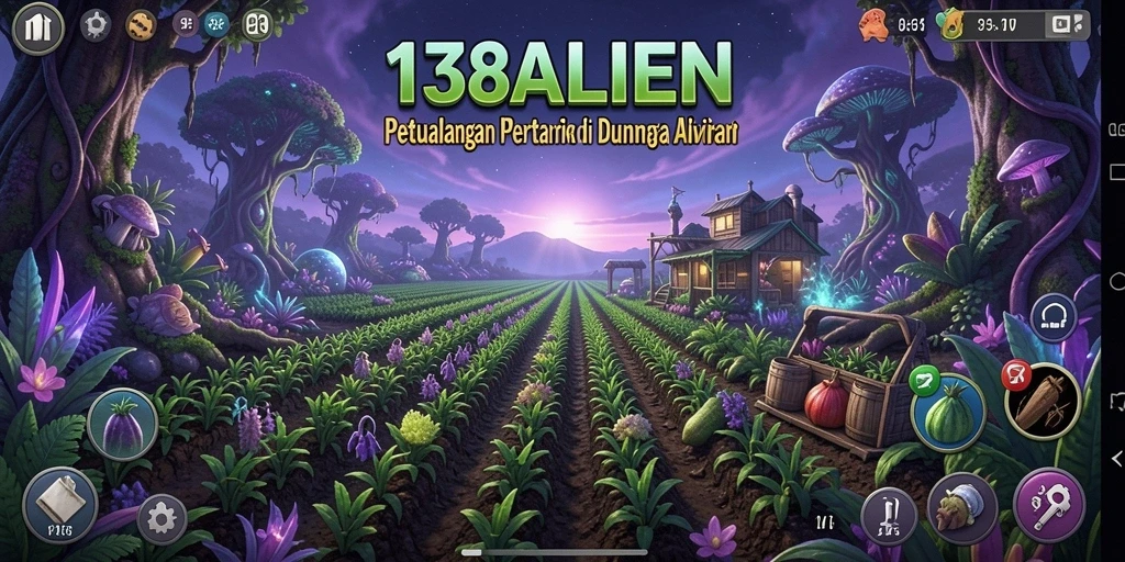 Gameplay <strong>138ALIEN</strong> menampilkan aktivitas bertani di planet alien yang penuh warna.