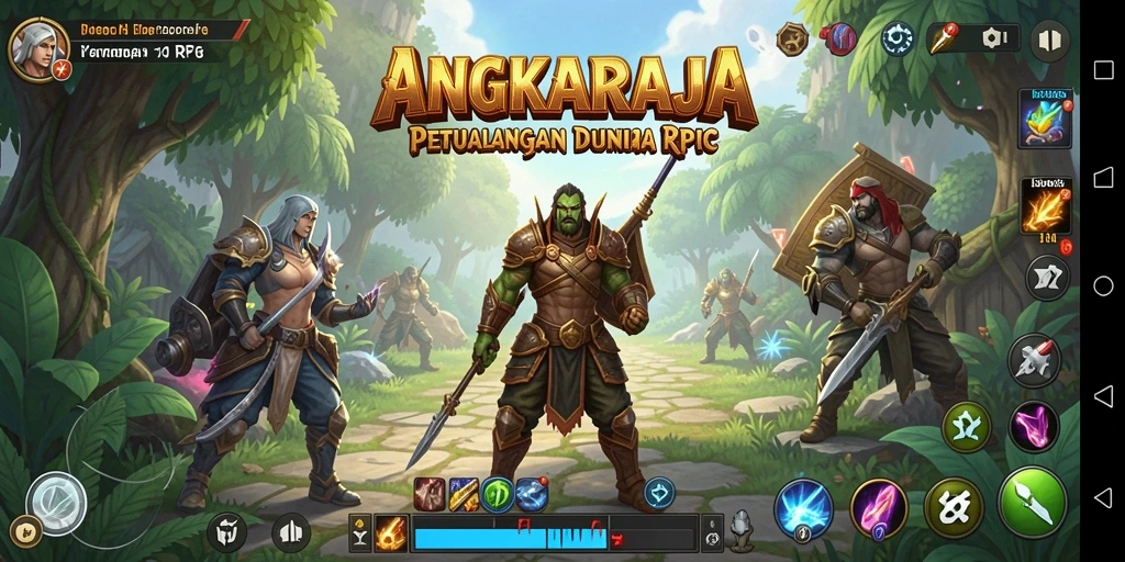 Screenshot gameplay ANGKARAJA menampilkan pertarungan epik dalam dunia RPG.