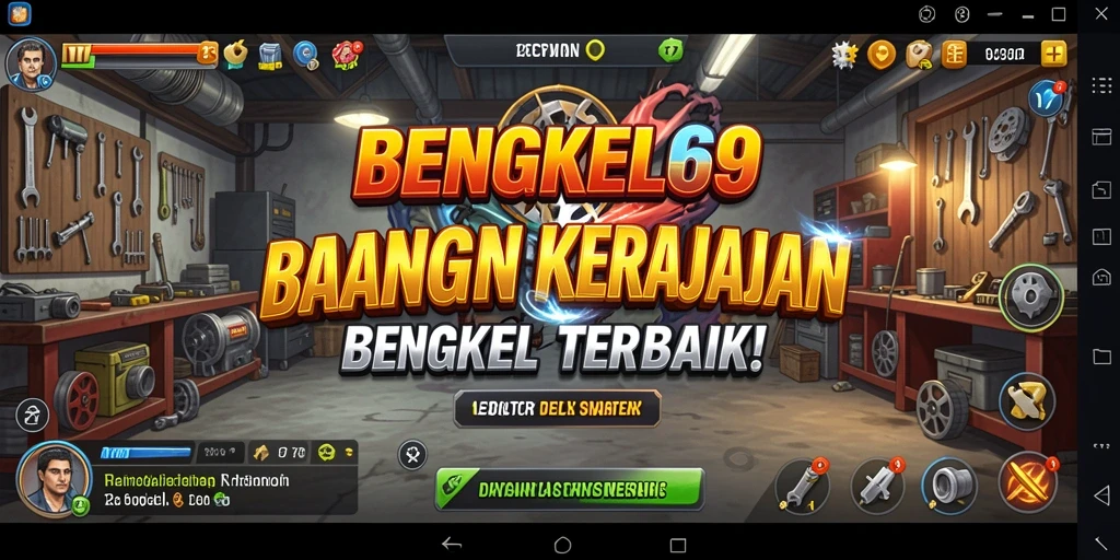 Tampilan gameplay menyenangkan di BENGKEL69 dengan mekanisme Tycoon.