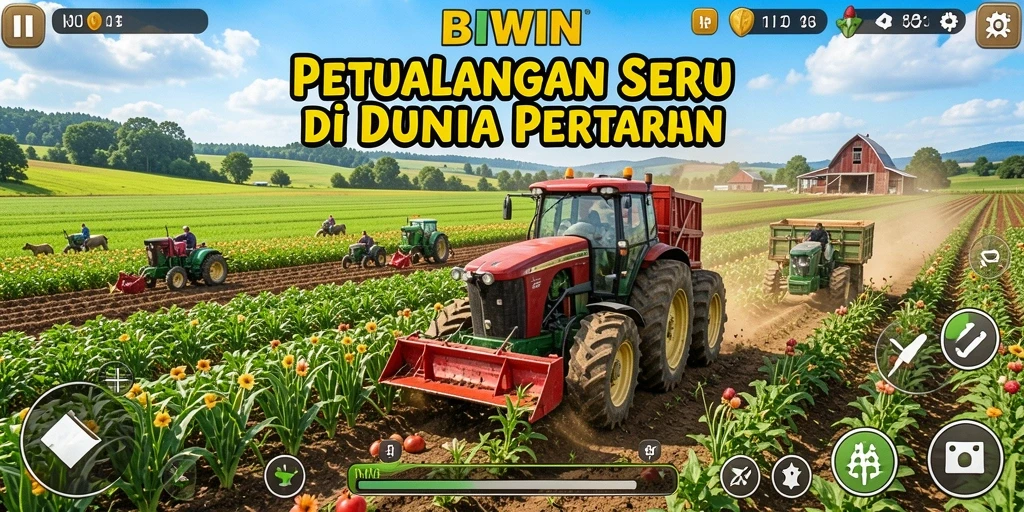 Screenshot gameplay BIWIN menampilkan aktivitas bertani yang seru.