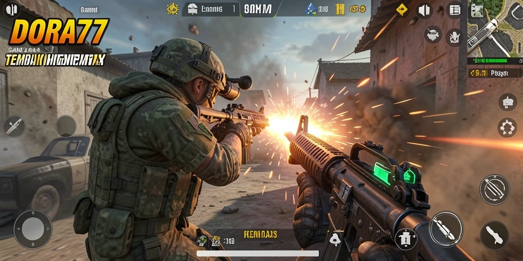 Screenshot utama DORA77 menampilkan aksi tembak-menembak yang intens.
