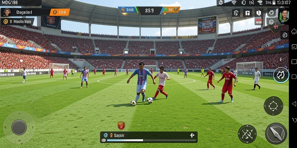 Tampilan gameplay memukau yang menggambarkan aksi sepak bola intens.