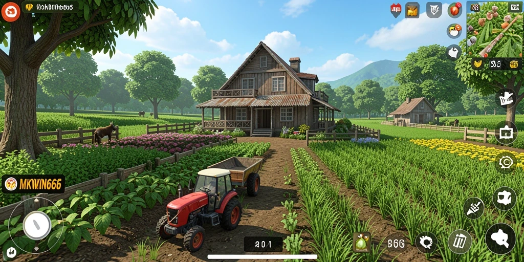 Tampilan gameplay MKWIN666 dengan kebun yang subur dan berbagai tanaman.