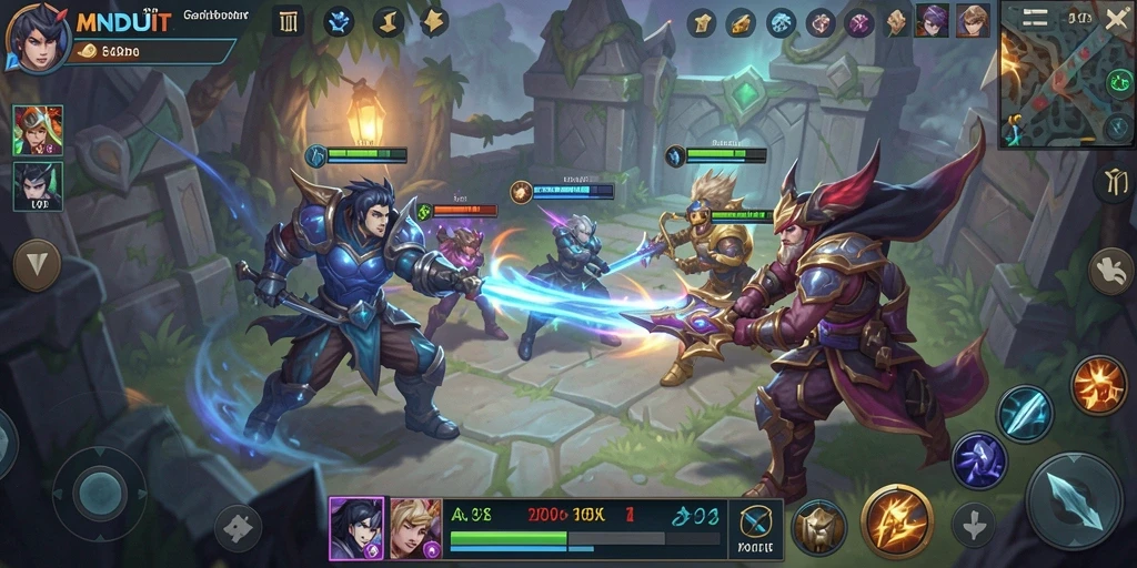 Tampilan gameplay seru dalam MNDUIT dengan strategi MOBA.