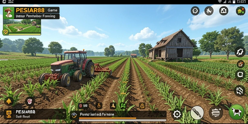 Tampilan gameplay PESIAR88 dengan ladang subur dan hewan ternak.