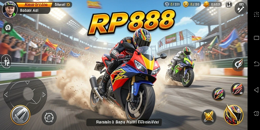Screenshot menunjukkan balapan motor yang penuh aksi di RP888.
