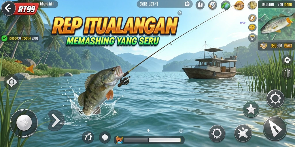 Tampilan gameplay RT99 dengan suasana memancing yang realistis dan seru.