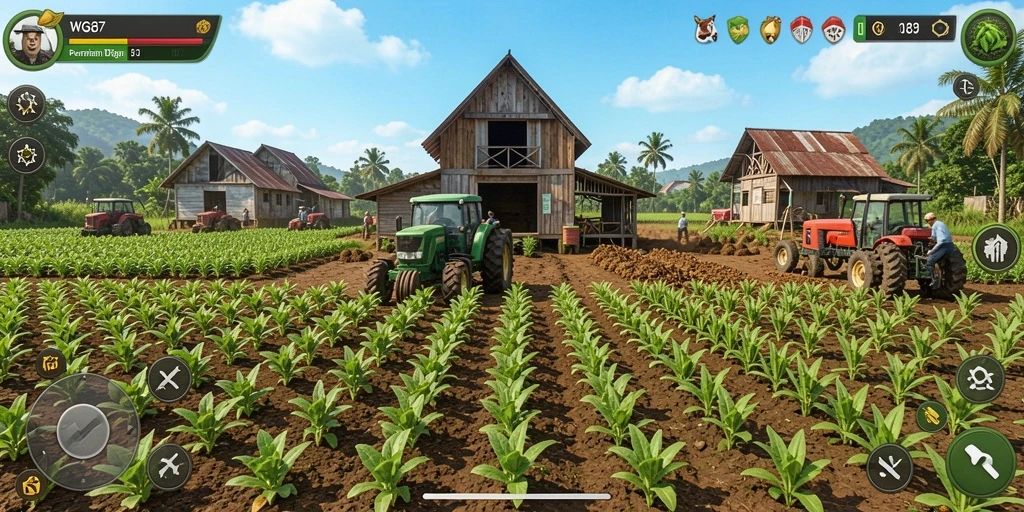 Tampilan screenshot gameplay WG87 yang menampilkan lahan pertanian yang indah.